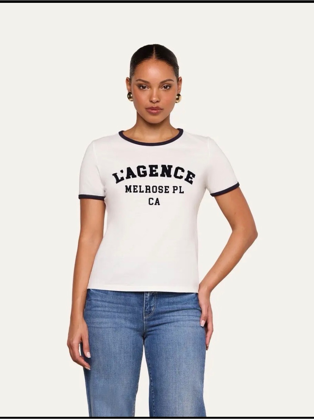 L'AGENCE White Tee with Navy Trim and Logo